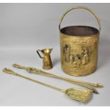 A Brass Coal Bucket and Two Long Handled Brass Fire Irons, Bucket 30cm high