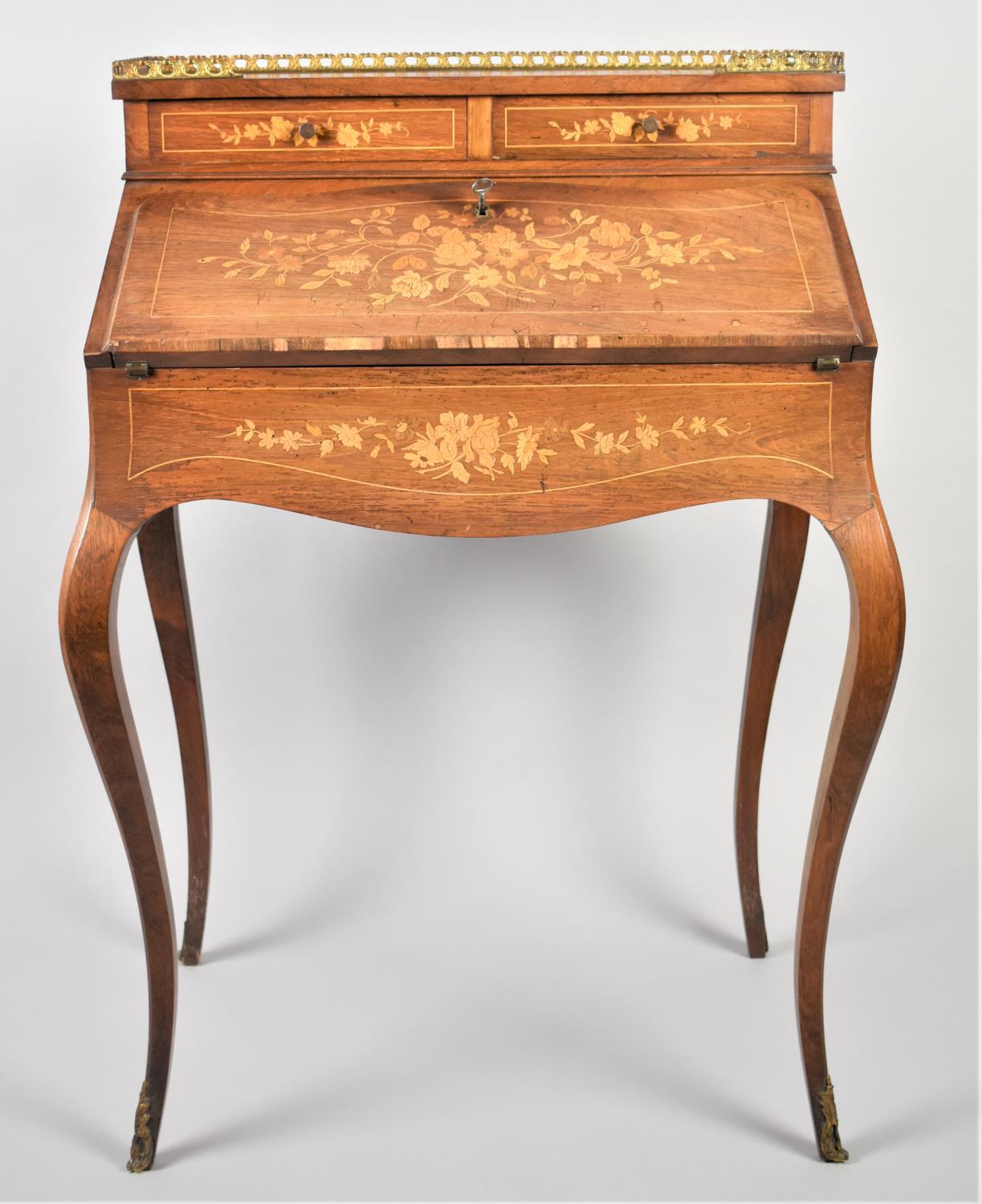 A Reproduction Ormolu Mounted French Style Inlaid Walnut Ladies Writing Bureau on Extended