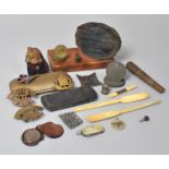 A Collection of Sundries to Include Military and Other Badges, Spectacle Case, Thimble, Pen Knife