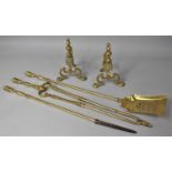 A Set of Long Handled Brass Fire Irons and Pair of Fire Dogs, Poker 70cm Long