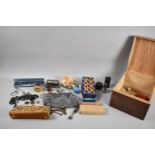 A Wooden Box Containing Curios to Include Desk Calendar, Costume Jewellery, Box of Cottons,