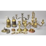 A Collection of Metal Candlesticks to Include Brass, Silver Plate Candelabra, Brass Ceiling Light