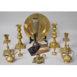 A Collection of Various Brasswares to Comprise Candlesticks, Oriental Plate, Brass and Copper