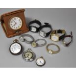 A Collection of Three Pocket Watches, Leather Cased Alarm Clock and Seven Ladies and Gent Vintage