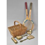 A Small Wicker Basket and Two Vintage Tennis Rackets etc