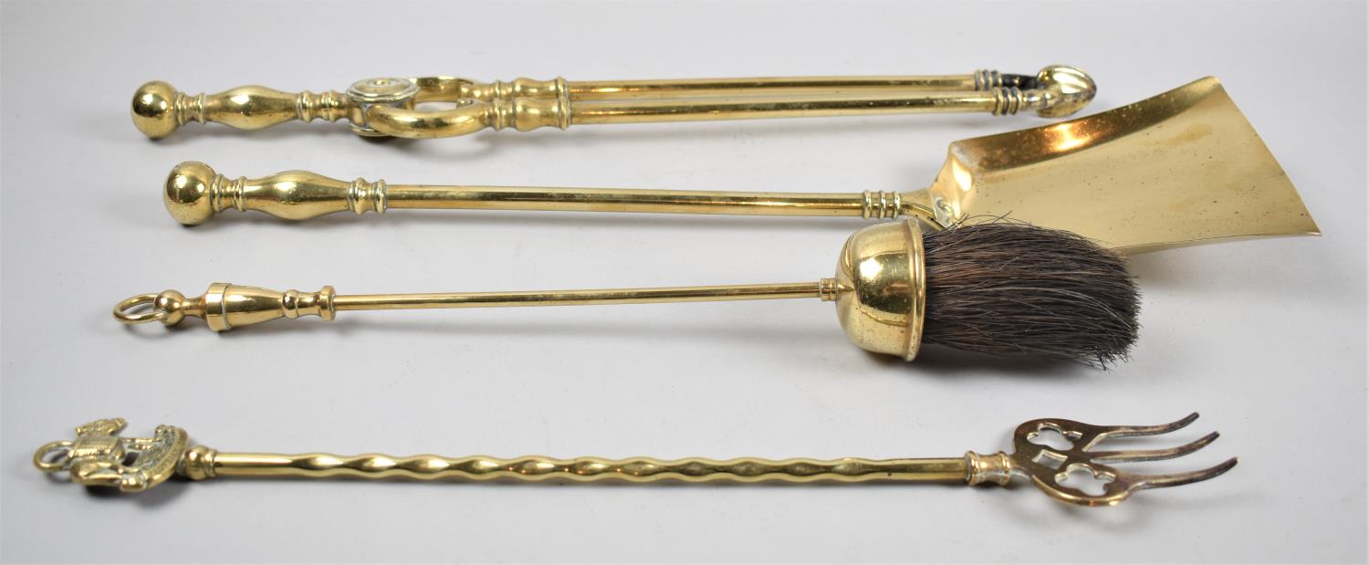A Collection of Various Brass Fire Irons and Toasting Fork, The Shovel 51cm Long