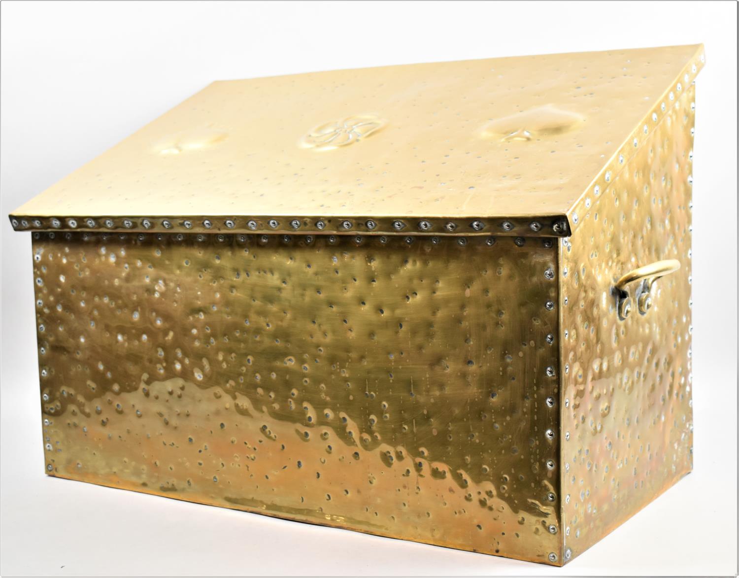 A Hand Beaten Brass Two Handled Coal Box with Inner Metal Liner, 59cm wide