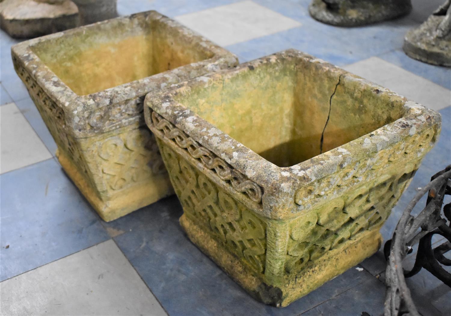 A Pair of Tapering Square Reconstituted Stone Garden Planters, One Cracked, 25cm high