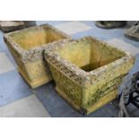 A Pair of Tapering Square Reconstituted Stone Garden Planters, One Cracked, 25cm high
