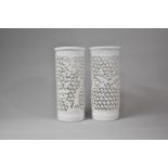 A Pair of 20th Century Chinese Blanc De Chine Reticulated Sleeve Vases of Cylindrical Form Decorated