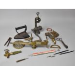 A Collection of Metalwares to Include Brass Taps, Brass Sprayer Head, Flat Iron, Mincer etc