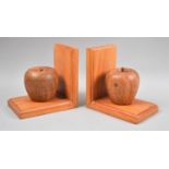 A Pair of Modern Carved Wooden Bookends in the Form of Apples, 15cm high