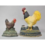 Two Painted Cast Metal Doorstops in the Form of Cockerel and Hen, Former 30cm high