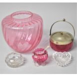 A Collection of Various Cranberry Glassware to comprise Oil Lamp Shade, Silver Plate Mounted