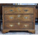 A Late Victorian/Edwardian Oak Three Drawer Bedroom Chest with Brass Handles and Escutcheons, 90cm