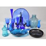 A Collection of Various Blue Glassware to comprise Vases, Pressed Texture Large Trefoil Dish Etc