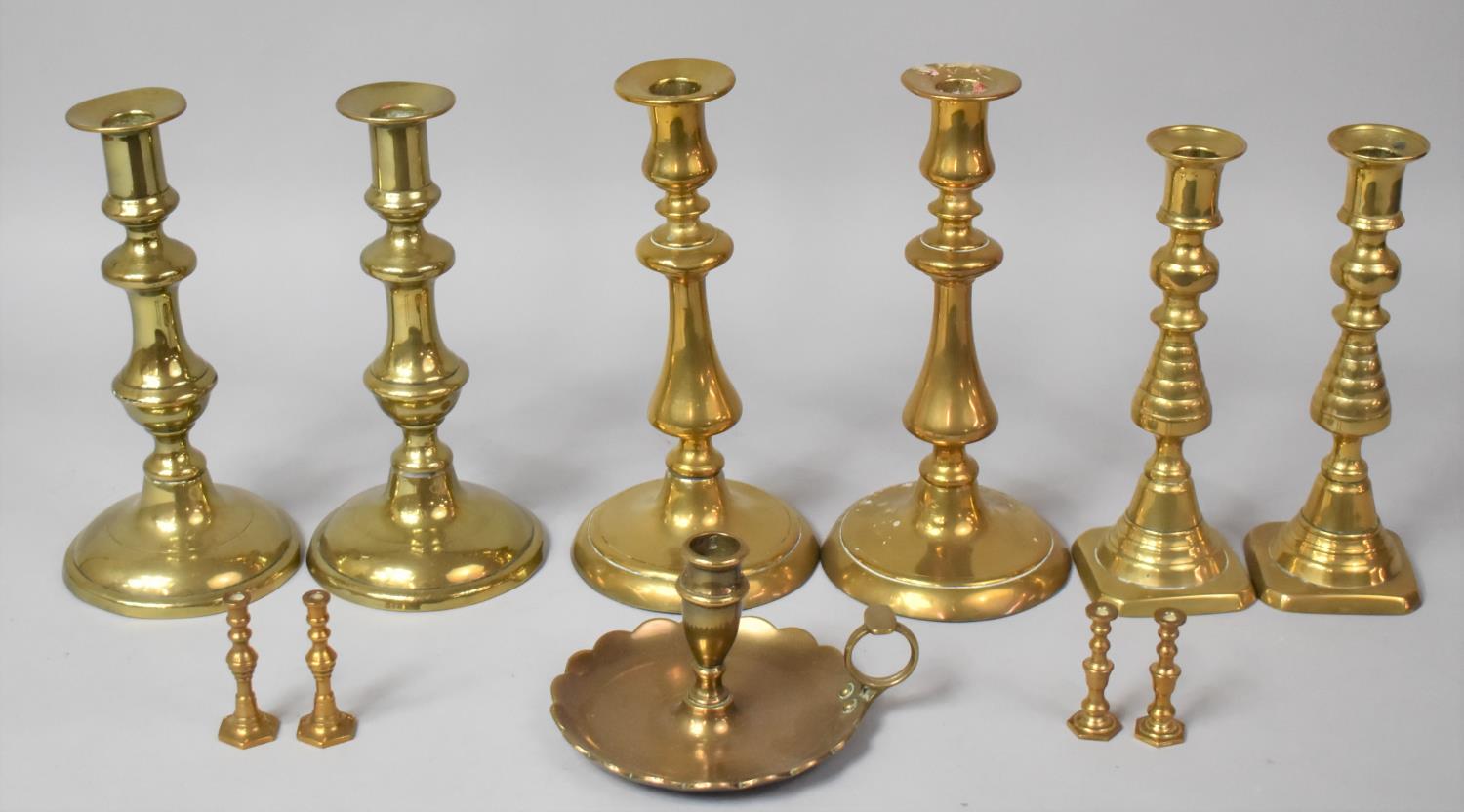 A Collection of Various Metalwares to comprise Brass Candlesticks, Bed Chamber Sticks, Miniature