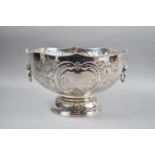 A Large Silver Plated Two Handled Punch Bowl with Floriate Repousse Work Decoration, 32cm Diameter