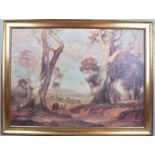 A Framed Continental Print Depicting Farmer Leading Cattle Along Wooded Lane, 76x55cm