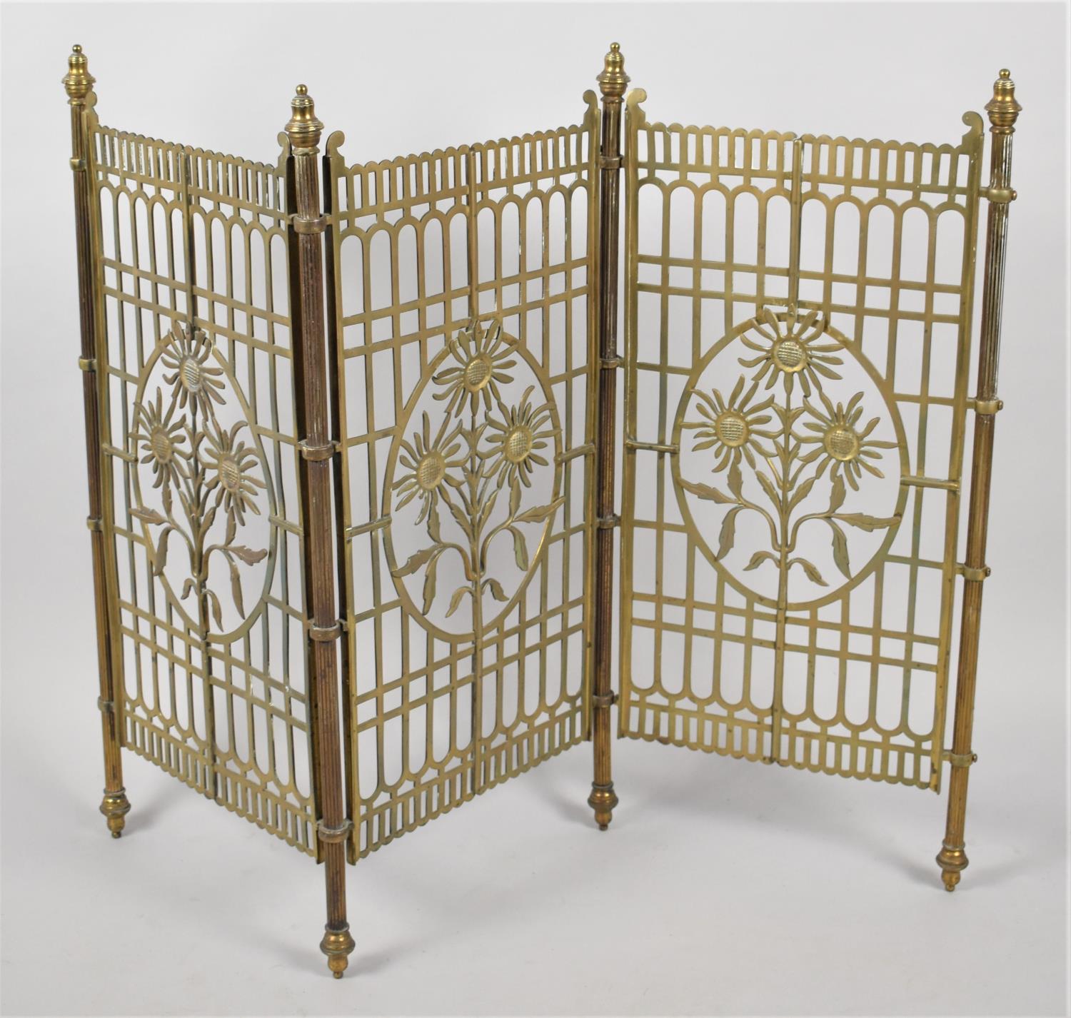 A Late Victorian/Edwardian Brass Three Fold Fire Screen of Trellis Form with Central Floral