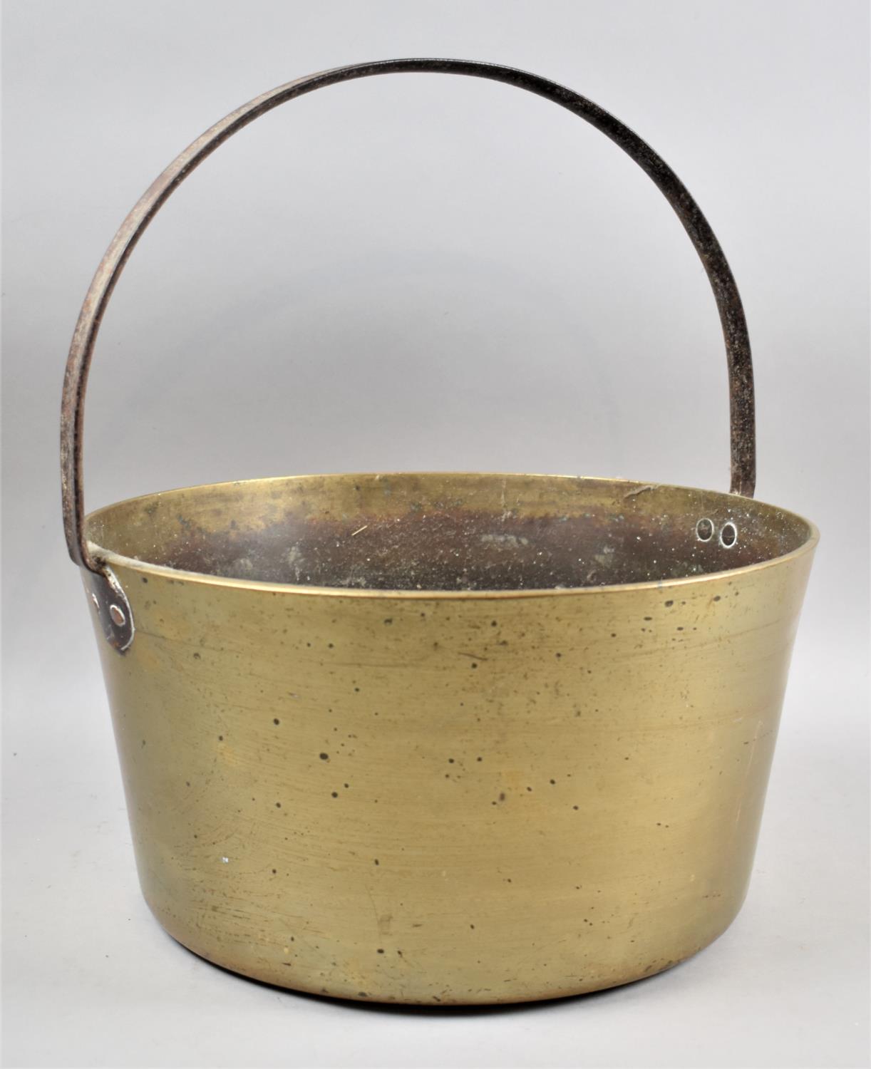 A Vintage Brass Jam Kettle with Iron Loop Handle, 33cm Diameter