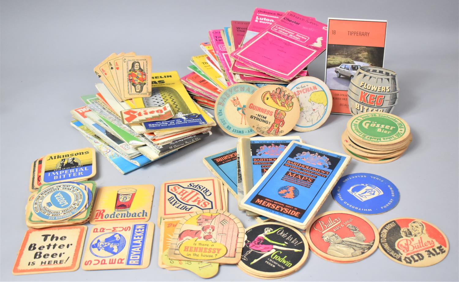 A Box Containing Vintage Beer Mats, Ordnance Survey Maps, Spanish Phrase Book etc