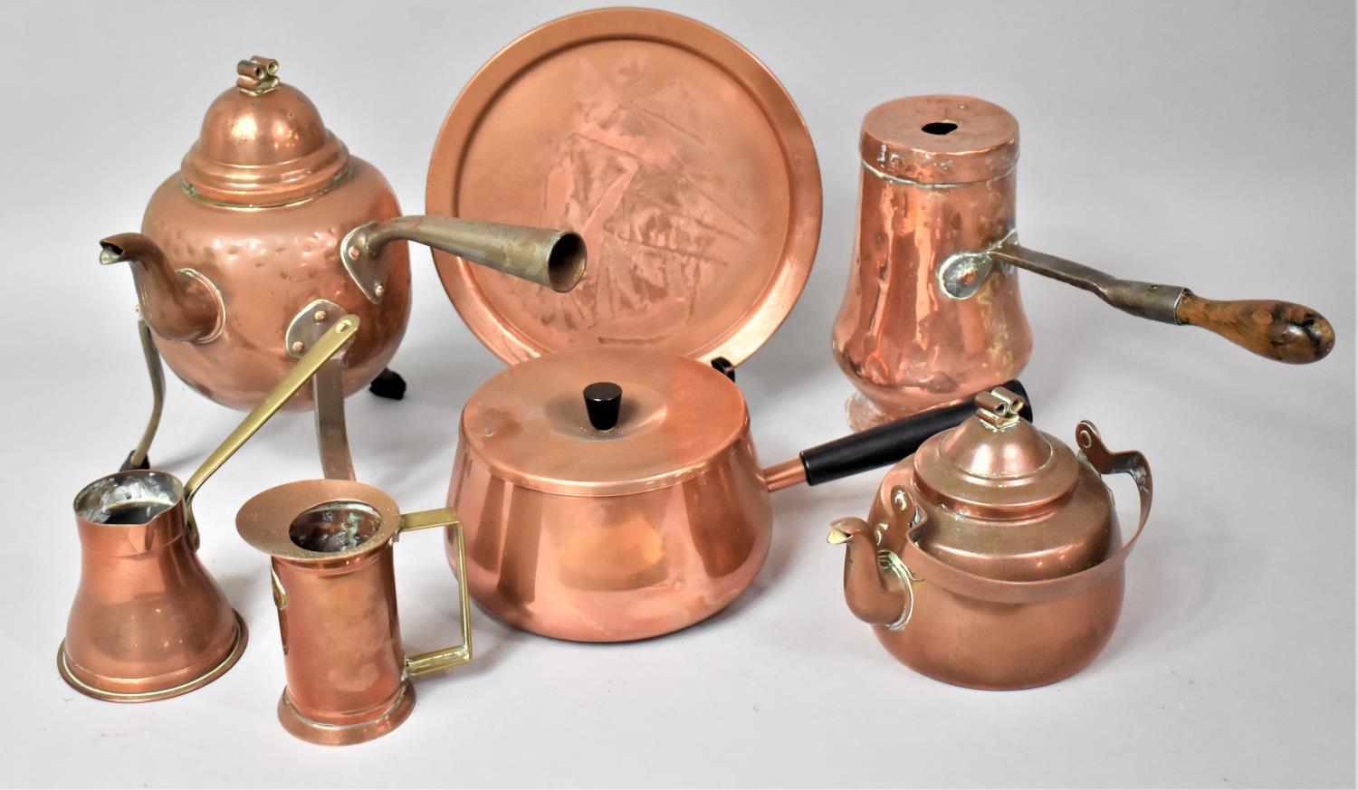 A Collection of Various Metalwares to comprise Copper Side Pouring Copper Kettle on Tripod