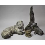 A Collection of Reconstituted Stone Garden Ornaments to Include Cat, Dog, Dolphin etc
