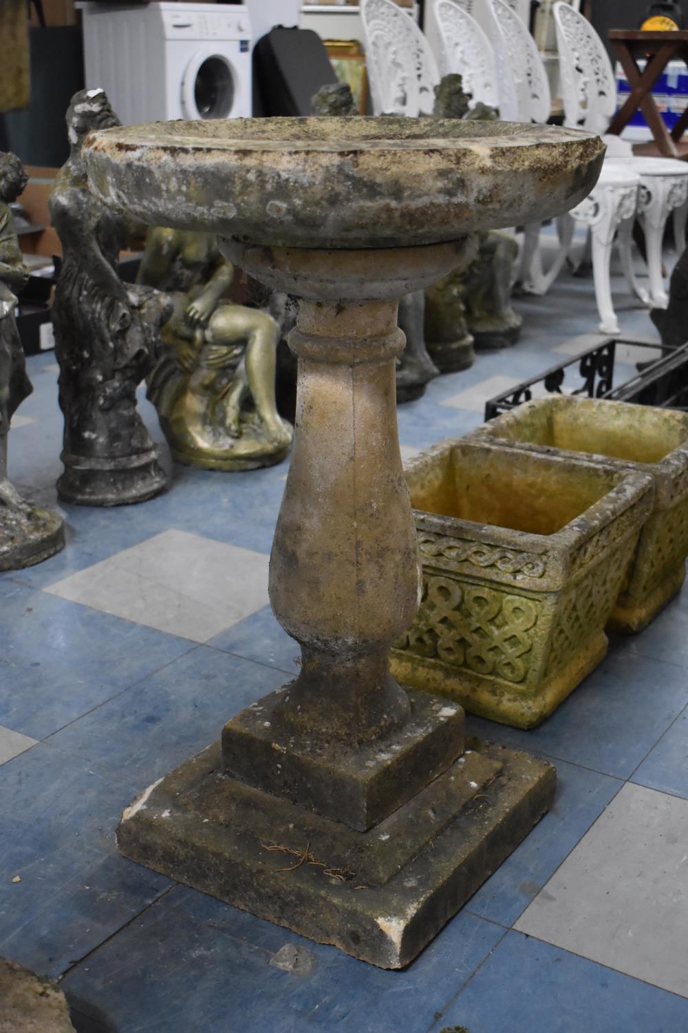 A Reconstituted Stone Shallow Circular Topped Garden Bird Bath, 44cm Diameter and 70cm high