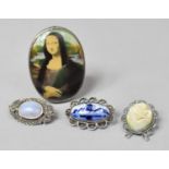 Three Silver Mounted Oval Brooches and a Silver Mounted Cameo Pendant