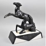 A Vintage French Study of Leaping Stag and Reclining Doe, on Marble Plinth, Stag Missing Antlers,