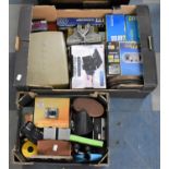 Two Boxes of Various Photographic Equipment to Include Cameras, Flash Guns, Splicer, Viewers etc