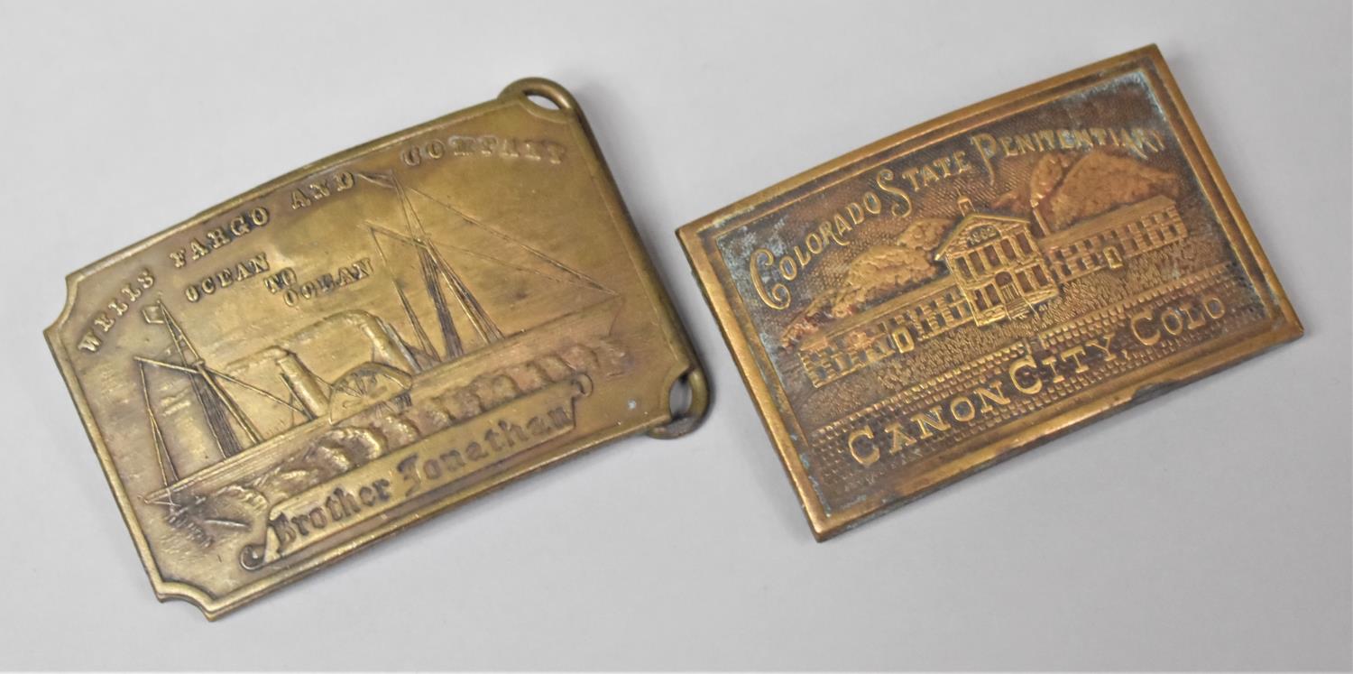 Two American Brass Belt Buckles, Colorado State Penitentiary and Wells Fargo & Co. Paddle Steamer,