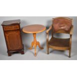 A Mahogany Bedside Cabinet, Handle AF, Edwardian Oak Low Armchair and a Circular Tripod Table