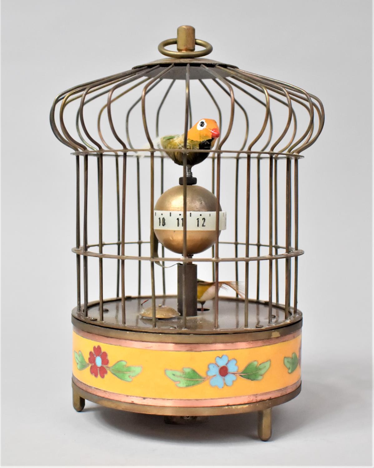 A Reproduction Chinese Birdcage Automaton Clock with Cloisonne Band Decoration, 20cm high