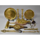 A Collection of Various Metalwares to comprise Two Pairs of Brass Mounted Bellows, Chargers,