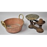 A Copper Two Handled Pan and Set of Vintage Cast Iron Kitchen Scales