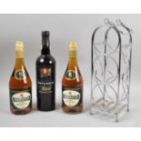 Two Bottles of Brandy and a Bottle of Taylors Port with Three Bottle Wine Rack