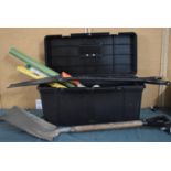 A Garden Shovel Together with Toolbox Containing Tools, Spirit Level, Saws etc