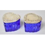 A Pair of Heart Shaped Blue Glass Trinket Boxes with Silver Lids