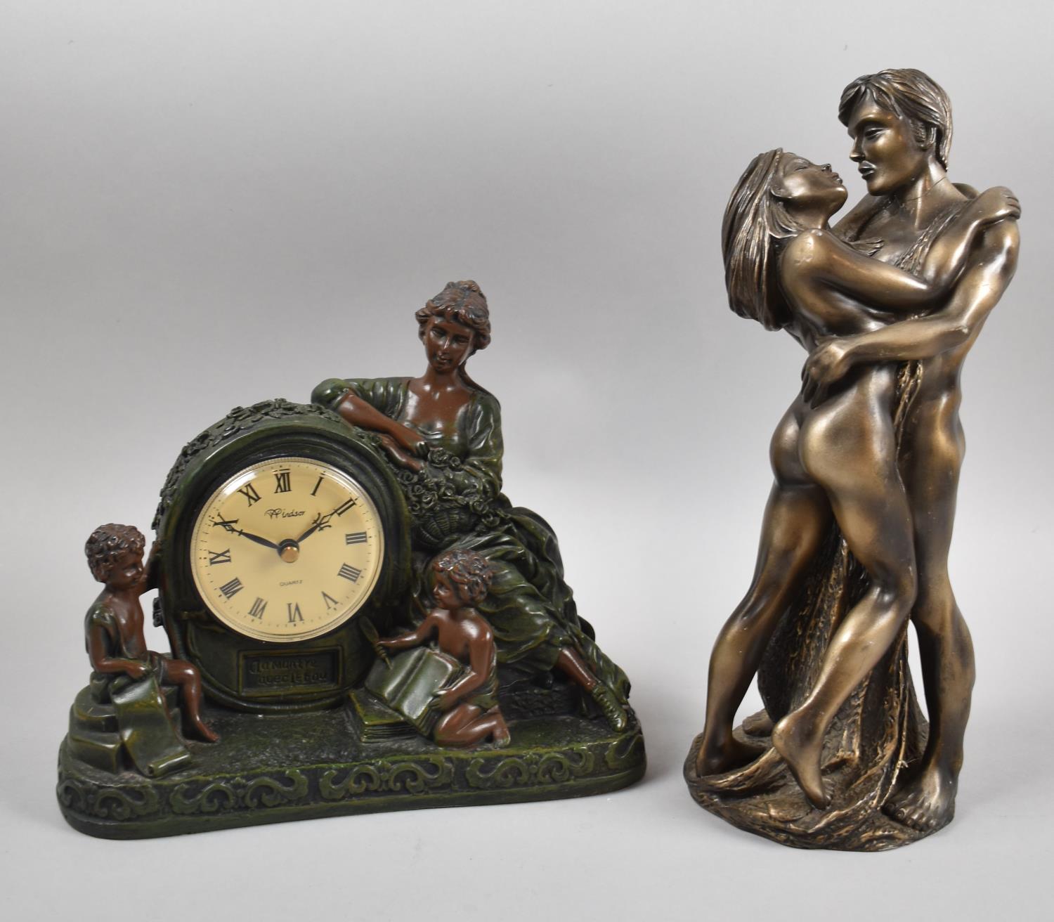 A Bronze Effect Figural French Style Mantle Clock with Quartz Movement Together with a Bronze Effect
