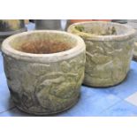 A Pair of Reconstituted Stone Garden or Patio Planters Decorated in Relief with Stags, 40cm Diameter