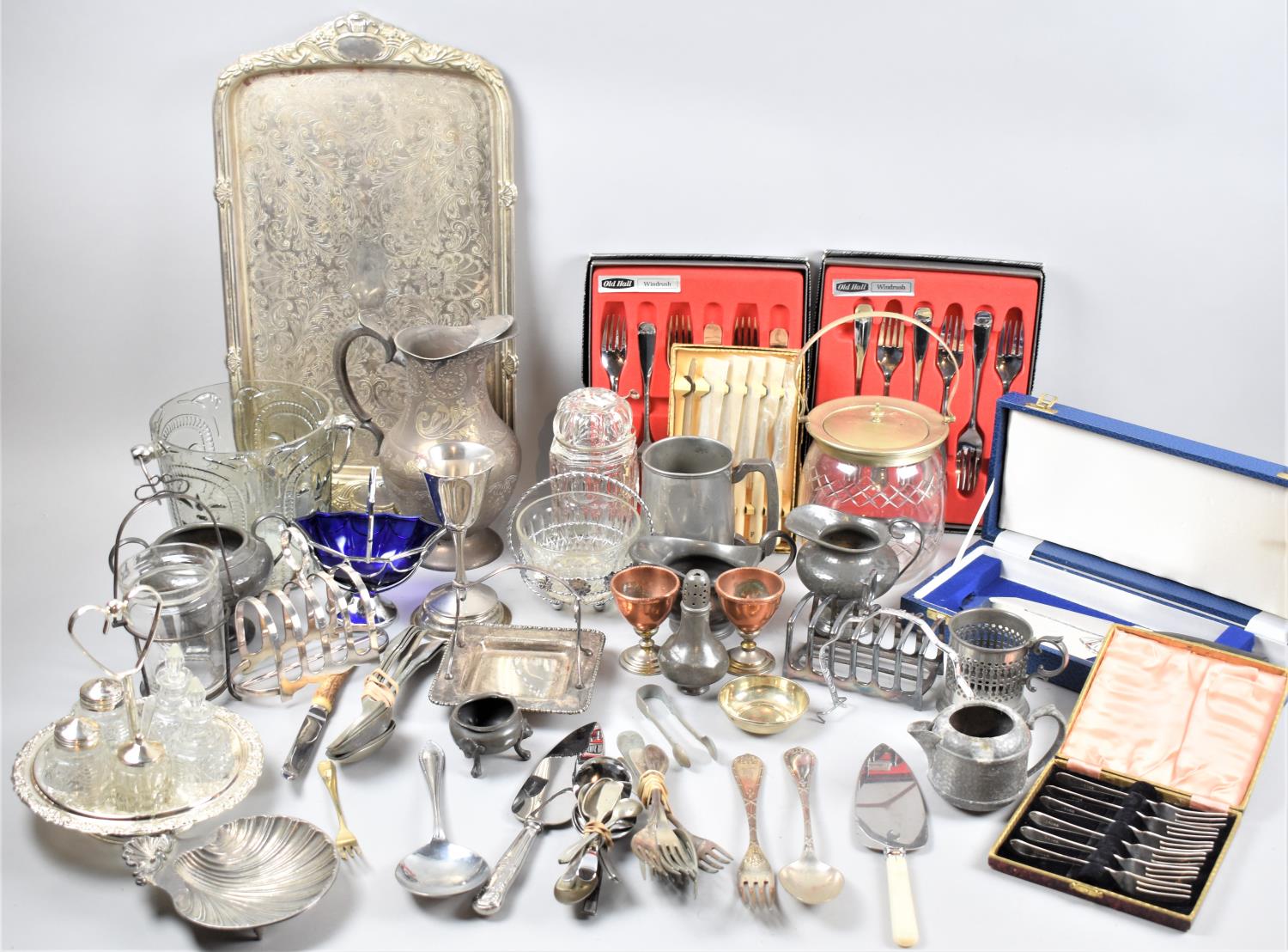 A Collection of Various Silver Plate Pewter and Glass Items