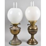 Two Vintage Brass Oil Lamps with Opaque Globe Shades