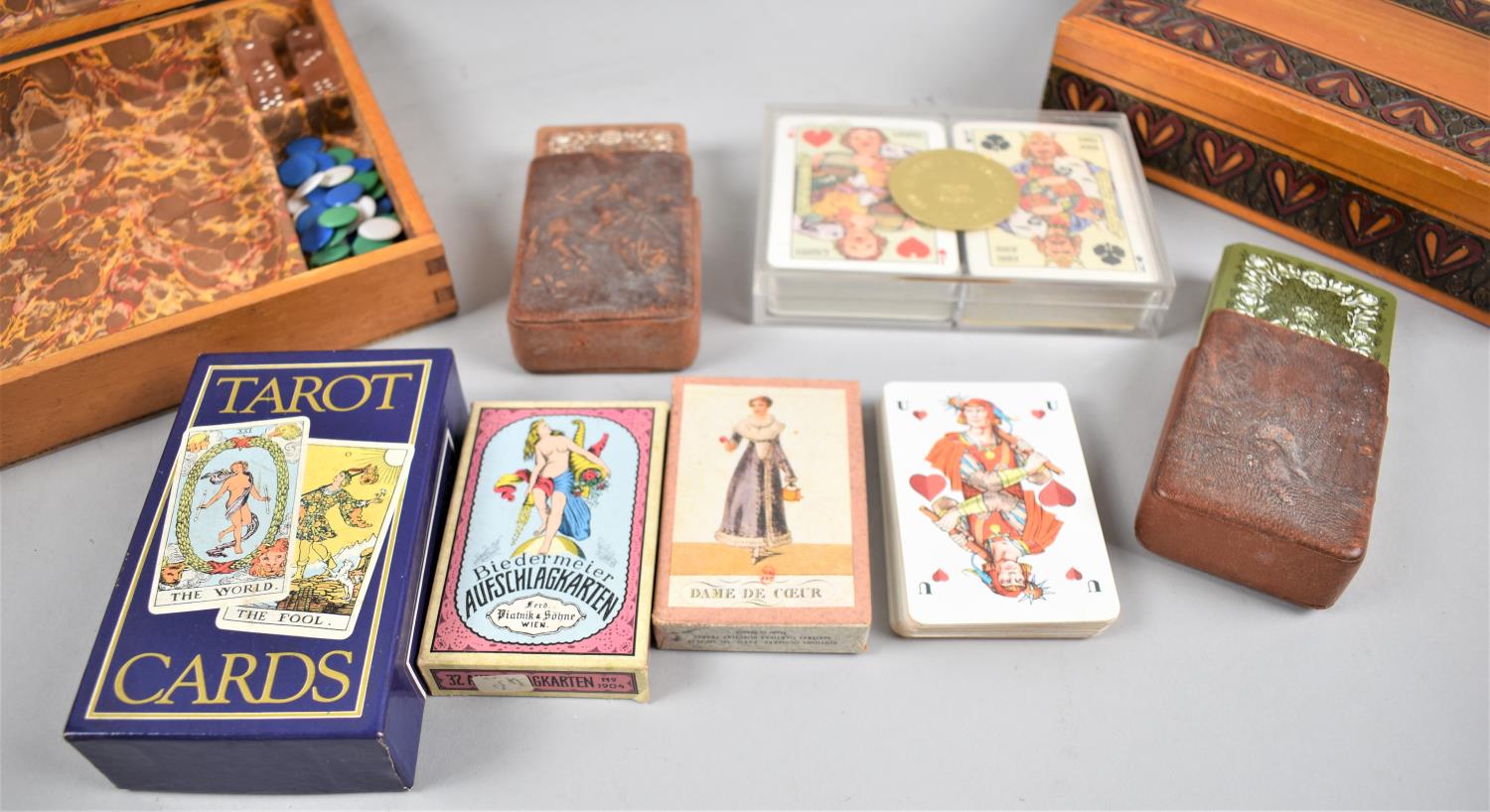 A Wooden Work Box Containing Various Playing Cards, Tarot Cards, Dice, Counters etc Together with - Image 2 of 2