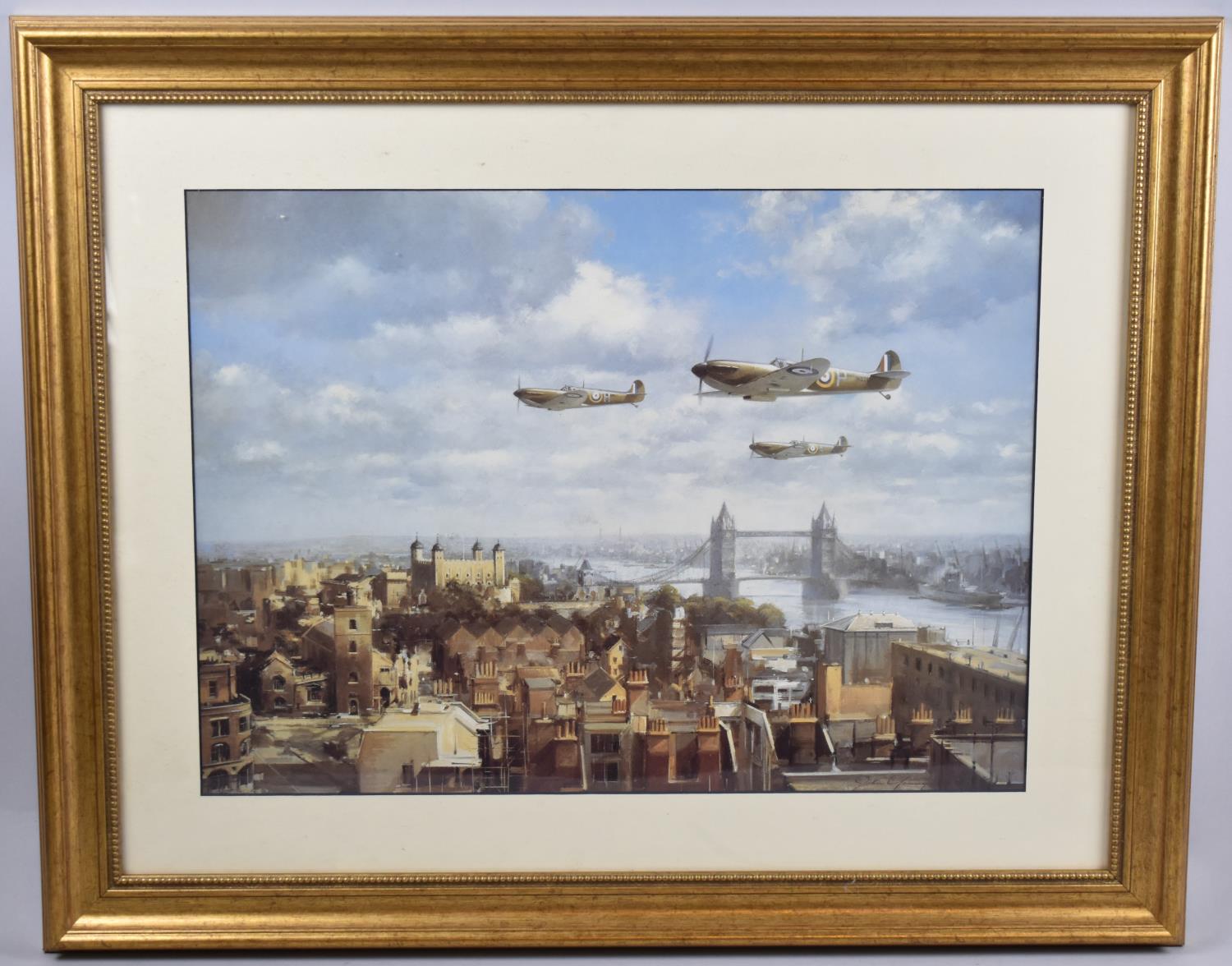 A Framed WWII Print, Spitfires Over London by John Young, 50x37cm