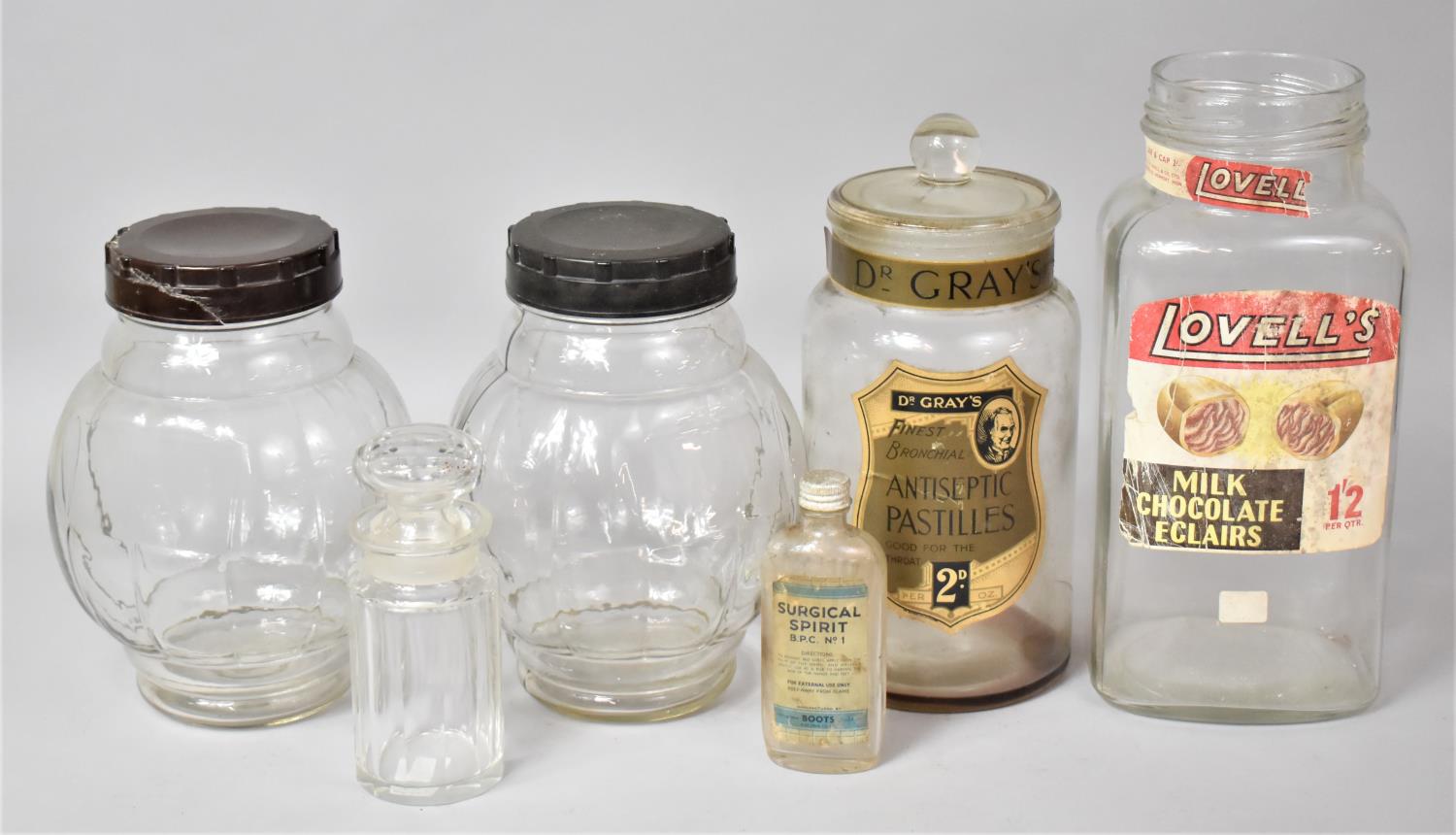 A Collection of Various Vintage Jars to comprise Pair of Globular Examples with Bakelite Lids,