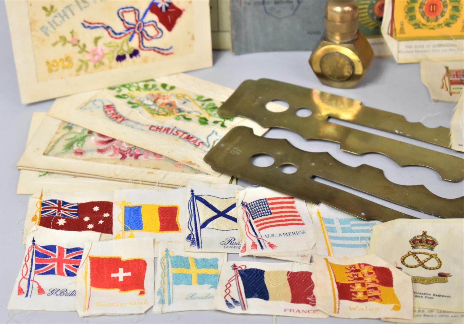 A Collection of WWI Silk Postcards, Ministry of Food Ration Books, Brass Button Cleaning Guards with - Bild 3 aus 4