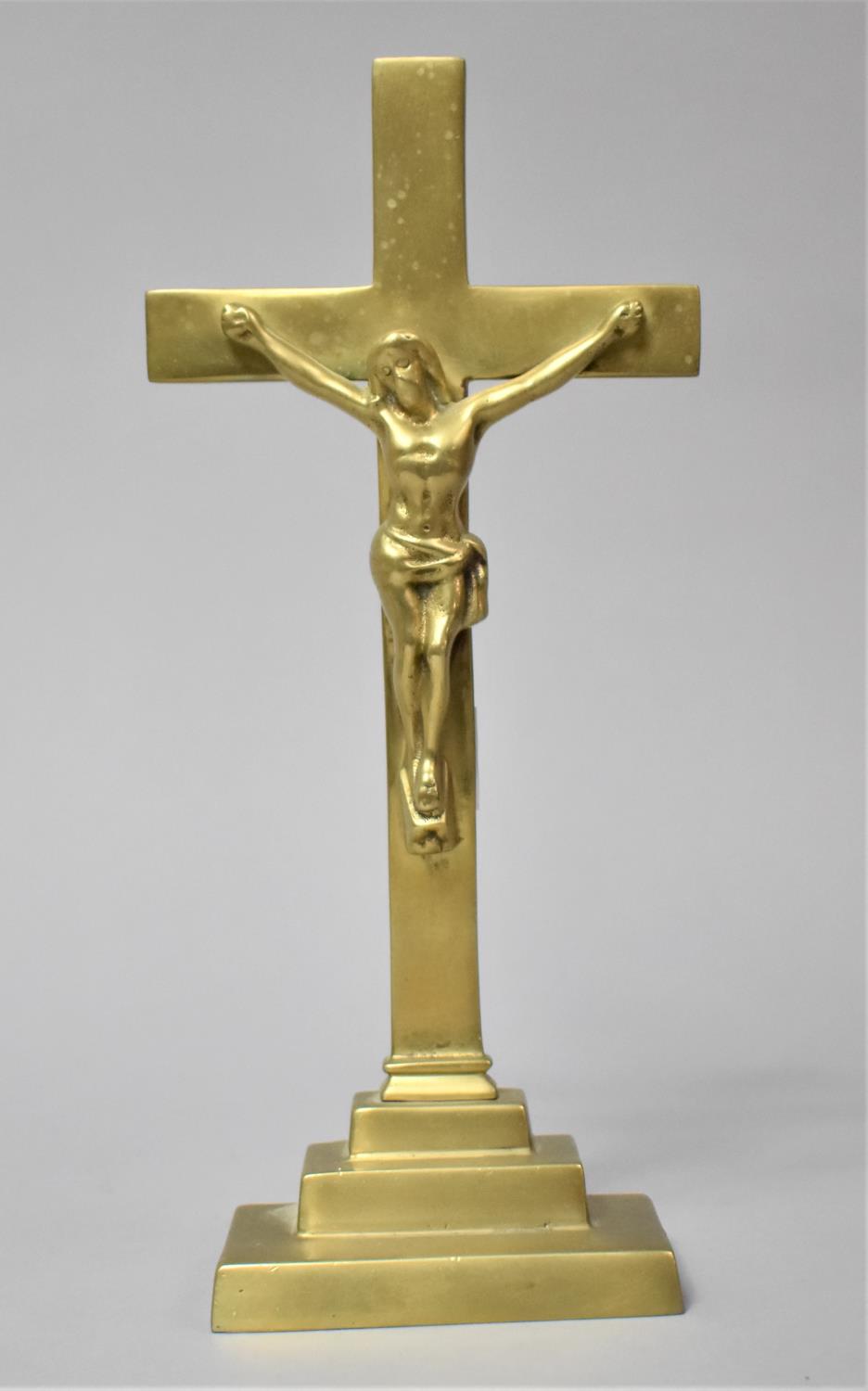 A Continental Brass Crucifix on Rectangular Stepped Base, 25cms High