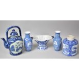 A Collection of Modern Oriental Blue and White Ceramics to Include Kettle, Pair of Vases, Ginger Jar
